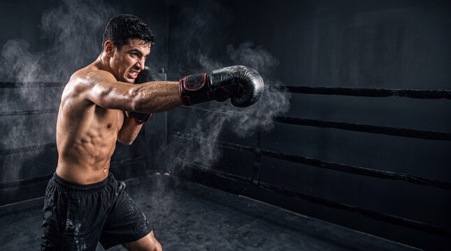 Elite boxer throwing a powerful punch in studio