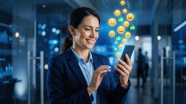 Happy businesswoman using smartphone with floating social media emojis and likes, representing customer satisfaction, positive feedback, online marketing success, and digital