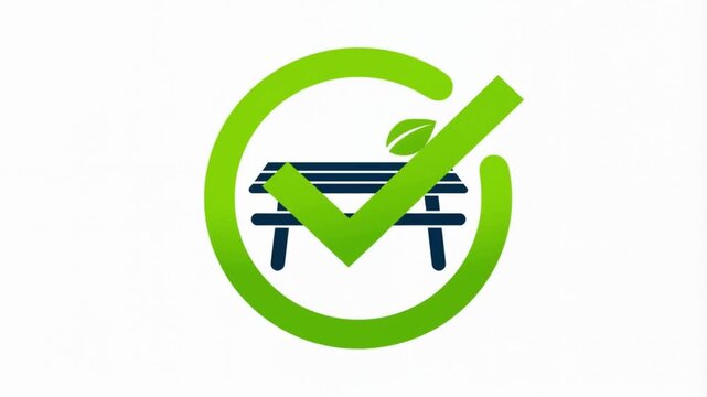 Green check mark icon with a picnic table and leaf symbol representing eco friendly outdoor recreation.