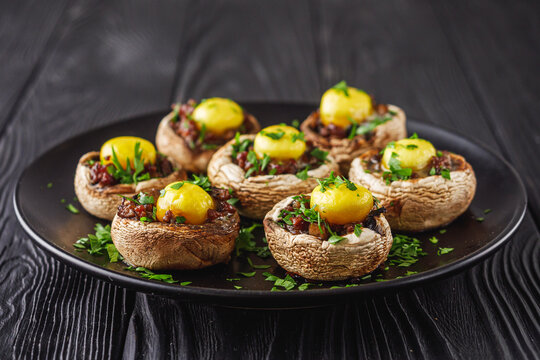 Baked Stuffed Mushrooms with Cheese, Meat Quail Egg Gourmet Delight