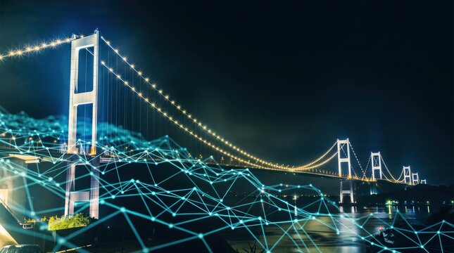 Illuminated suspension bridge at night with glowing blue digital network overlay, connectivity, smart city infrastructure, global communication, internet of things