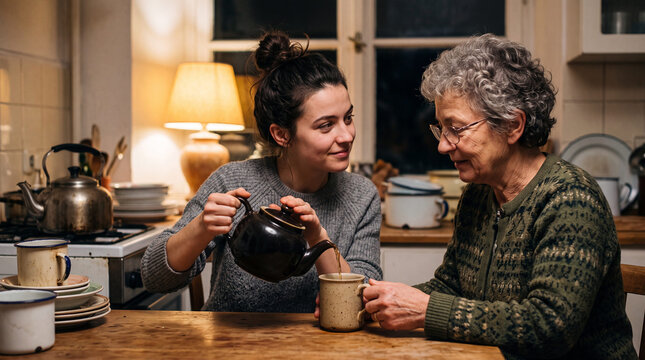 Two people sharing tea in a warm family kitchen