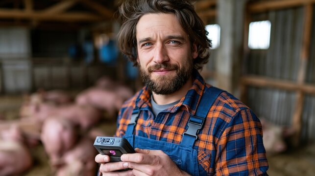 Welfare specialist monitoring barn ventilation with handheld device near resting pigs