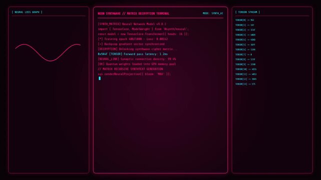 A futuristic magenta digital interface displays a neural network decryption terminal. A sine wave oscillates as technical data and scrolling code simulate a high-tech hacking process.