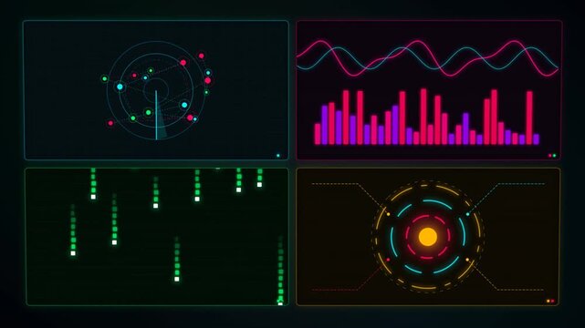 Dynamic neon-lit futuristic HUD interfaces pulse with data, featuring wave patterns, bar graphs, and radar trackers in a high-tech digital command center environment.