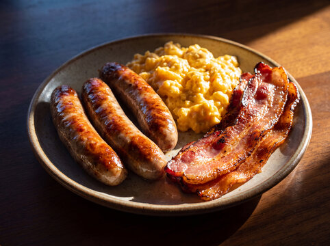 Breakfast plate of grilled sausages scrambled eggs and bacon on wood table
