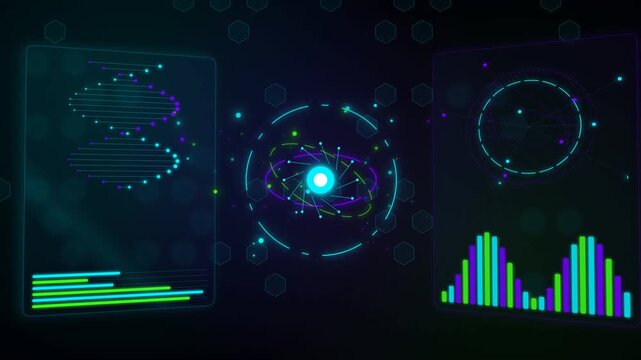 A high-tech digital HUD features rotating atomic structures, pulsing DNA helices, and dynamic data visualizations with neon blue and green accents on a dark background.