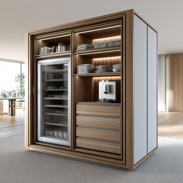 Modern wall cupboard with glass door, wooden shelves, drawers, built in coffee machine, and interior lighting in bright kitchen