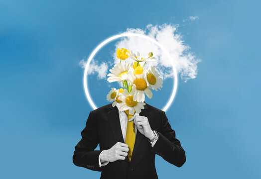Digital collage, Businessman in black suit flowers head, with white clouds and blue sky