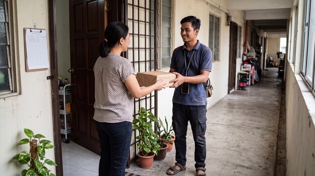 A delivery person hands a package to a recipient outside a building, showcasing a moment of contactless service and efficient logistics in an urban setting.