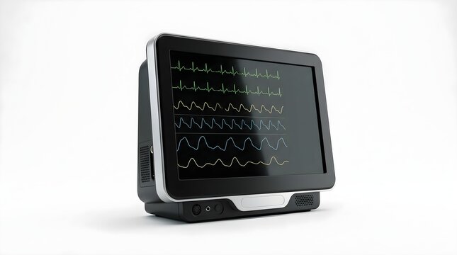 Medical patient monitor displaying vital signs and ECG waveforms on white background for clinical diagnostics.
