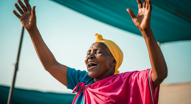 A Joyful Elderly African Woman in Traditional Clothing Raising Her Arms in Spiritual Worship or Celebration Under a Bright Blue Outdoor Canopy