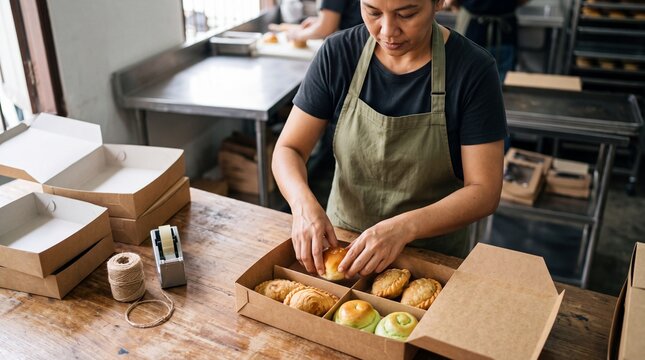 A baker carefully packs freshly baked pastries into a gift box, showcasing artisanal craftsmanship and the delicious appeal of handmade treats in a warm, inviting kitchen setting.