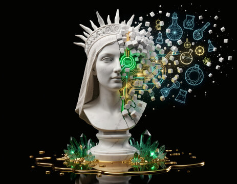 Classical Marble Bust  Shattering into Glowing Emerald AI Circuits, Alchemy Wireframes and Liquid Gold