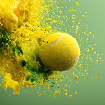 Tennis ball in mid air with yellow and green liquid splash