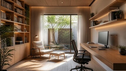 Fototapeta premium Cozy Modern Japandi Home Office Interior with Desk, Lounge Chair and Courtyard View