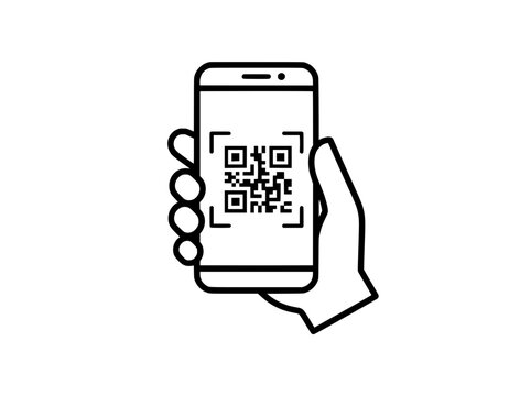 QR code scanning on smartphone screen, hand holding mobile phone with digital barcode, contactless payment and data transfer vector icon