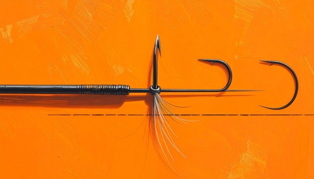Close up of fishing hook and line on orange background.