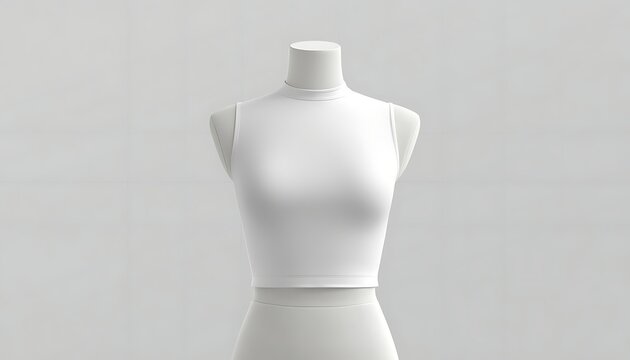Front view of a white sleeveless mock neck crop top on a mannequin isolated on white background