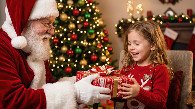 Santa Claus gives a Christmas gift to a smiling young girl beside a decorated tree, creating a joyful and magical holiday moment at home.