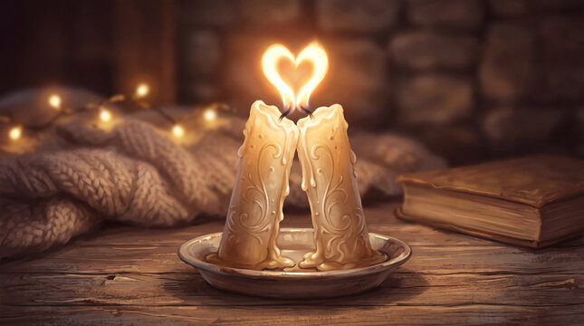 Two heart-shaped melting candles on a rustic wooden table, surrounded by soft lighting and a cozy atmosphere