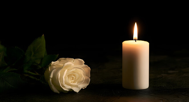 Sympathy and condolence concept featuring a single white rose against a dark background, complemented by a lit white candle