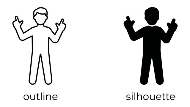 Disrespectful Gesture Icon: A minimalist graphic displaying an outline and silhouette of a person with arms raised, both middle fingers extended in a gesture of defiance or rude insult.