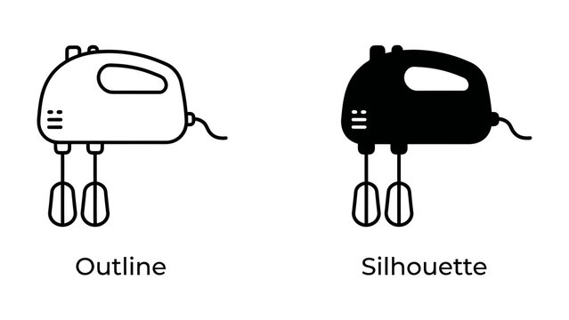 Hand Mixer Outline and Silhouette: A clear comparison of a hand mixer presented in both an outline and a silhouette style, highlighting its key design elements for easy recognition.
