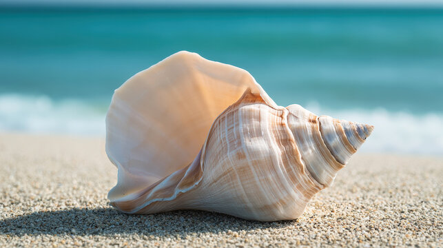 Conch shell beach sand ocean sea summer nature tropical spiral sunlight peaceful vacation marine shell coast travel relaxation wave blue shore