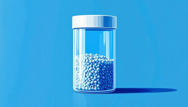 Transparent plastic container with white capsules on blue background.