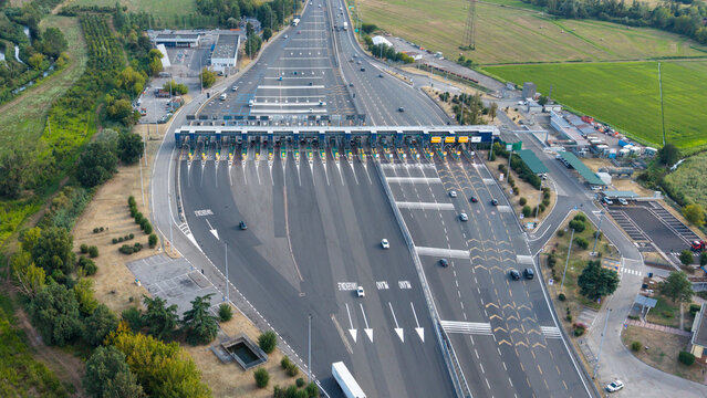 Aerial View of Milan West A7 Motorway Toll Barrier in Assago, Italy