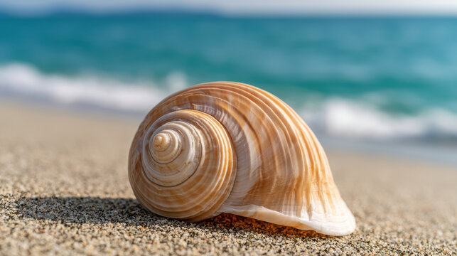 Conch shell beach sand ocean sea spiral close up nature summer sunlight peaceful vacation tropical marine shell coast