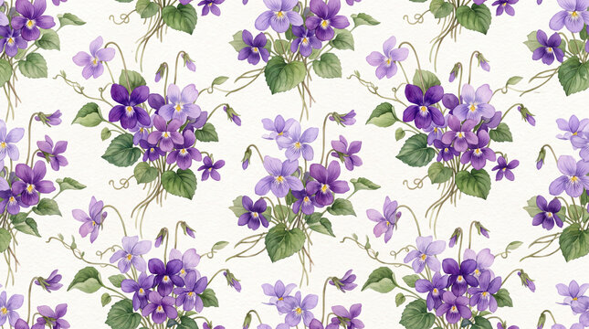 Seamless pattern of vibrant purple violets with green leaves on a light background, creating a fresh floral aesthetic