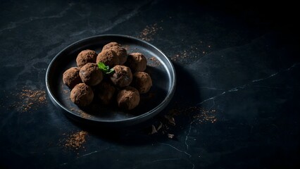 Fototapeta premium Delightful Chocolate Truffles on Dark Plate Surrounded by Cocoa Dust