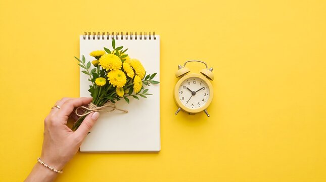 A hand holding a bouquet of yellow flowers on a notebook for teacher's day celebration concept