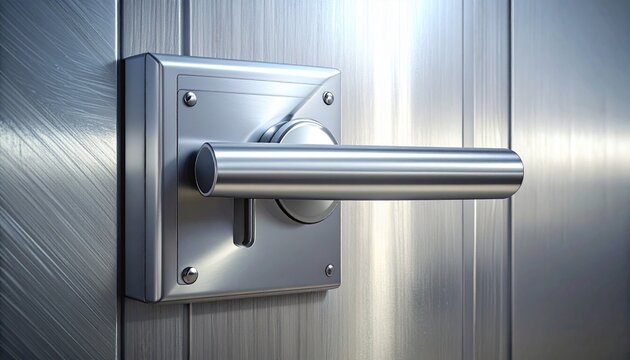 Modern stainless steel door handle close up view.