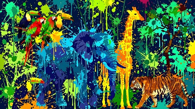 Vibrant pop art jungle animals, colorful paint splatter elephant and giraffe, neon wildlife mural with tiger and parrots