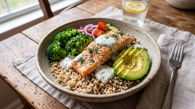 Healthy salmon bowl with quinoa, decorated with broccoli, cherry tomatoes, red onion, and avocado slices