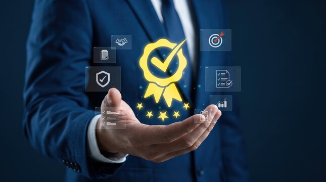 Quality assurance and certification concept with golden badge icon held in hand, representing excellence, approval, standard compliance, and best service guarantee.