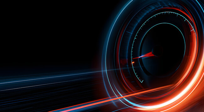 a futuristic neon tachometer with peak performance and swift acceleration against an abstract, modern techno background