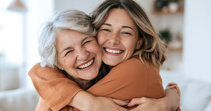 Laughter fills the room as the senior mom and adult daughter smile, hug, and share a loving embrace together. It's a heartwarming scene on mothers' day