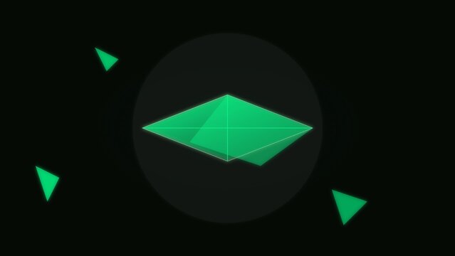 Glowing green geometric pyramid shape floating inside dark futuristic space