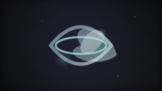 Abstract glowing eye shape with floating light rings in dark space