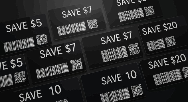 Discount offer coupons with barcodes and qr codes for savings