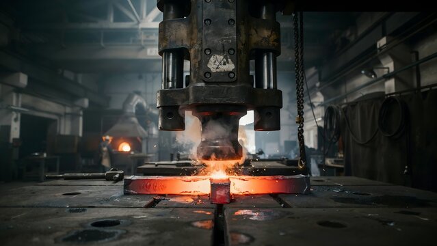 Heavy machinery in industrial workshop with glowing molten metal