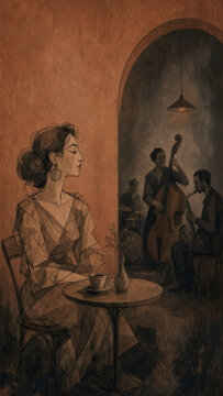Cubist expressionism painting of a musician playing saxophone in a smoky dim lit urban jazz cafe