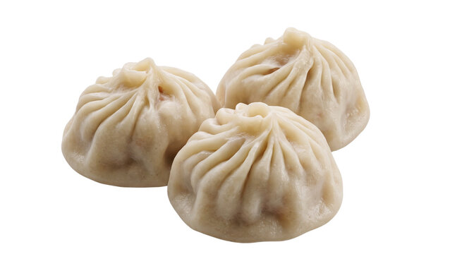 Three steamed dumplings with folded pleats on transparent background