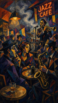 Cubist expressionism painting of a musician playing saxophone in a smoky dim lit urban jazz cafe