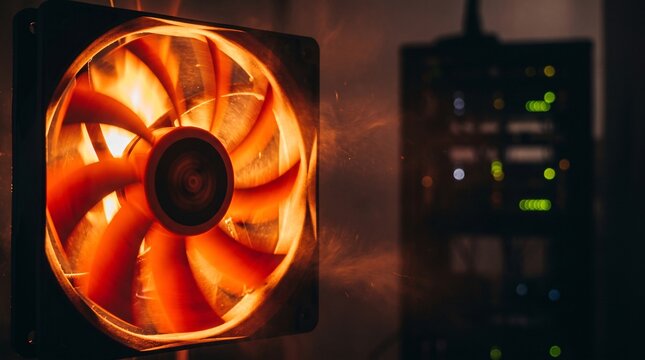 A glowing spinning cooling fan inside a computer case in a dimly lit dark data center room