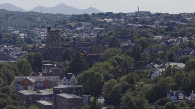 Establishing aerial view of Bangor, city in the north of Wales, United Kingdom